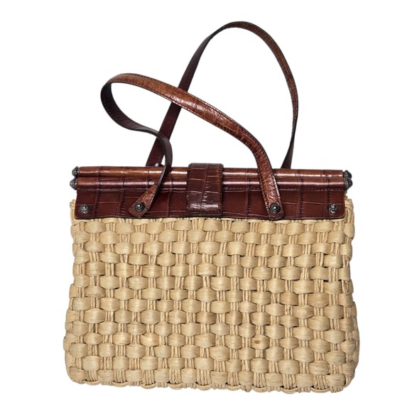 Brighton Woven Straw Satchel Womens Purse Leather Trim Ruth Style Heart Charm - Picture 6 of 12